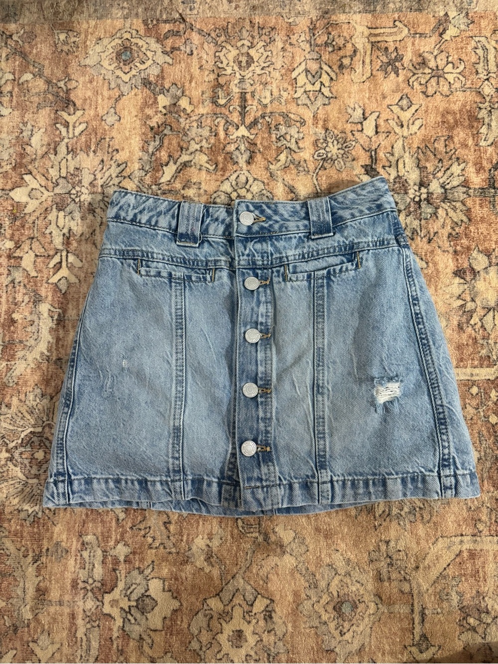We The Free Light Blue Distressed Button-Front Denim Mini Skirt